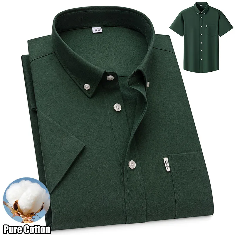 

Fashion Pure Cotton Shirts For Men Solid Color Oxford Summer Short Sleeve Casual Dress Shirt Male Social Business Plain Blouses