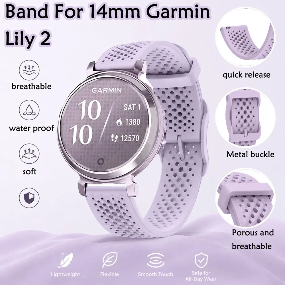 Silicone Strap for Garmin Lily 2 Active14mm Sun-shaped Watch Buckle Design Watch Band for Garmin Lily 2 Active Breathable Strap