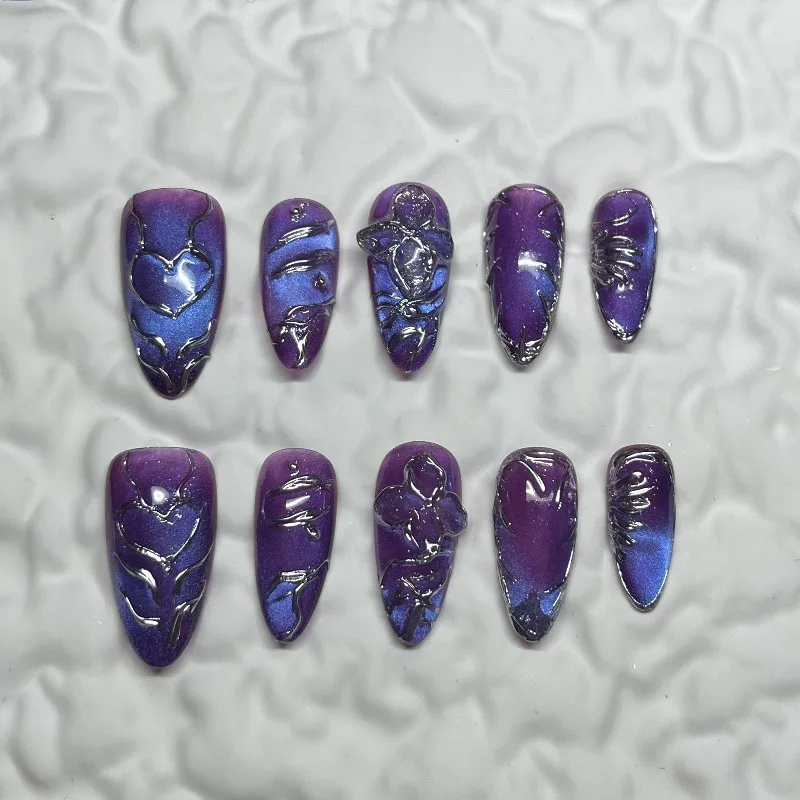 

10PCS Handmade Iridescent Purple Nails almond Press On Nails Metallic Silver Heart Floral Design Edgy Y2K False Nails For Women