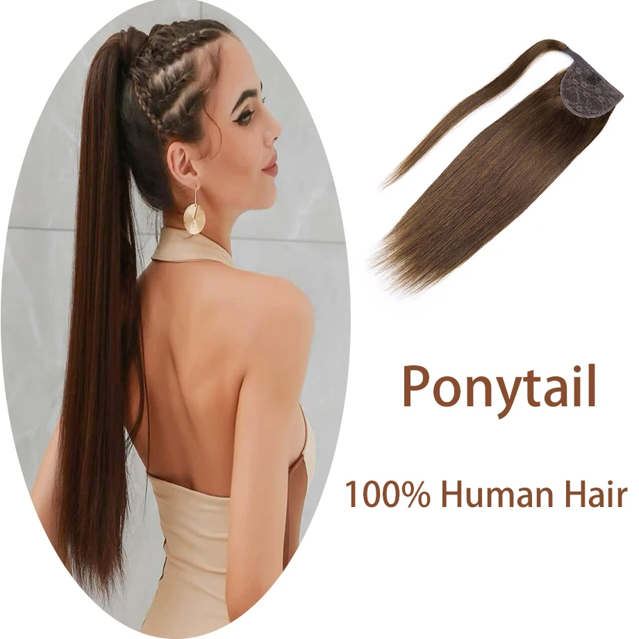 Ponytails Human Hair Wrap Around Natural Straight Ponytail Human Hair Extensions Chocolate Brown Human Hair Ponytail Extensions