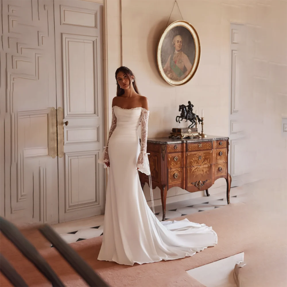 Robe de mariée sirène personnalisée, épaules dénudées, dentelle, manches longues, robes de mariée simples, fermeture éclair au dos, traîne de balayage, 2025
