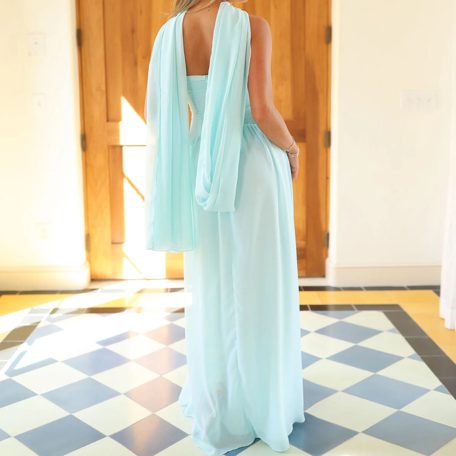 

Women Long Dress Solid Color Tube Dress Summer Fashion Backless Casual Strapless Dress with Choker Scarf