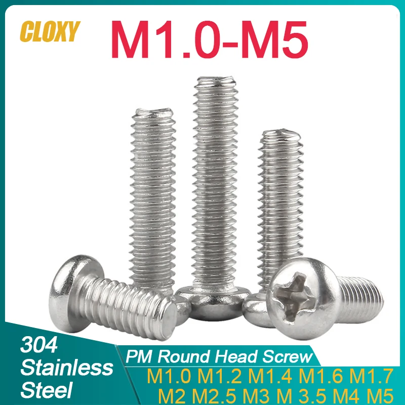 200/ 100/ 50pcs M1 M1.2 M1.4 M1.6 M1.7 M2 M2.5 M3 M3.5 M4 M5 304 Stainless Steel Phillips Cross Recessed Pan Head Screws DIN7985