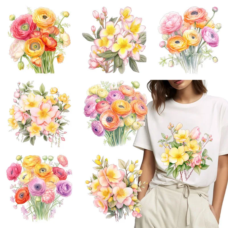 Adhesivo de transferencia térmica de flores bonitas de 25cm, camelias rosas suaves y ranúnculo forsy y vibrante amarillo brillante, emparejado con bab delicado