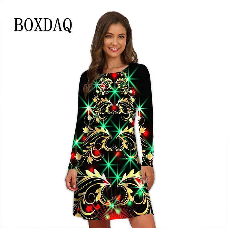 Shiny Christmas Tree Print Dresses For Women Festival Long Sleeve Loose Clothing Vintage Casual Oversized Dress Autumn Winter