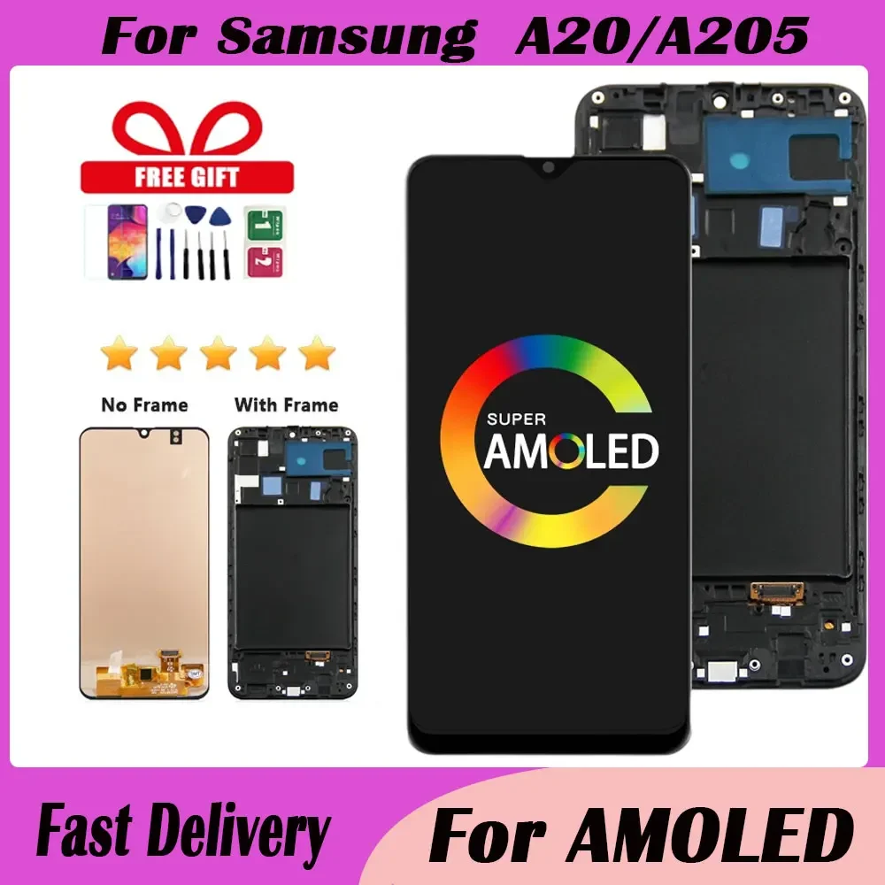 

1 PCS 6.4'' For AMOLED For Samsung A20 1 PCS A205 SM-A205F LCD Display Touch Screen With A20 Frame For A205FN A205GN Display