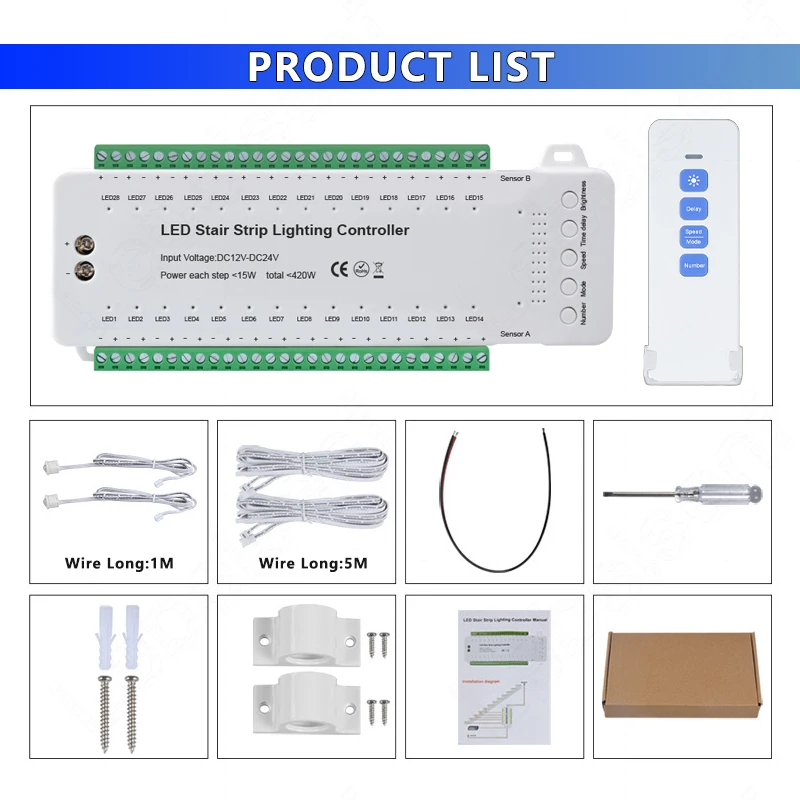 28 Steps Stair Lighting Controller With PIR Motion Sensor 28 Channels Stair LED Lamp Strip Dimmer DC12V 24V 420W With IR Remote