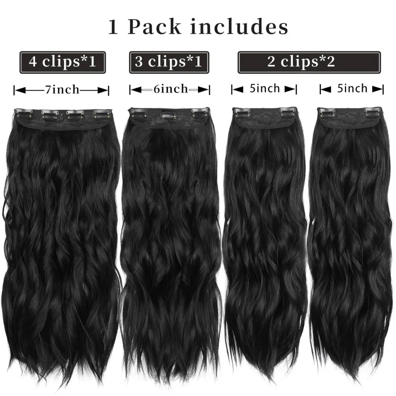 Black 20 Inch 4pcs Thick Hairpieces Long Wavy Natural Synthetic Clip in Hair Extensions for Women