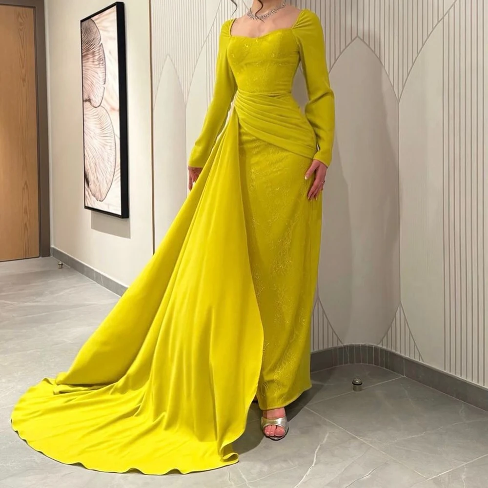 

Прямые вечерние платья по индивидуальному заказу длиной до пола, с квадратным воротником и длинными рукавами, платье для выпускного вечера, модное кружевное плиссированное простое драпированное вечернее платье