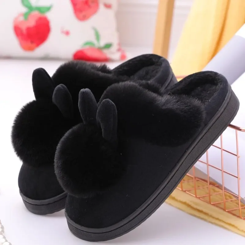 Sepatu Anti-selip Rumah Datar Lantai Dalam Ruangan Pria Wanita Slide Sol Lembut Tebal Pel Katun Dalam Ruangan Telinga Kelinci Mewah Musim Dingin Wanita
