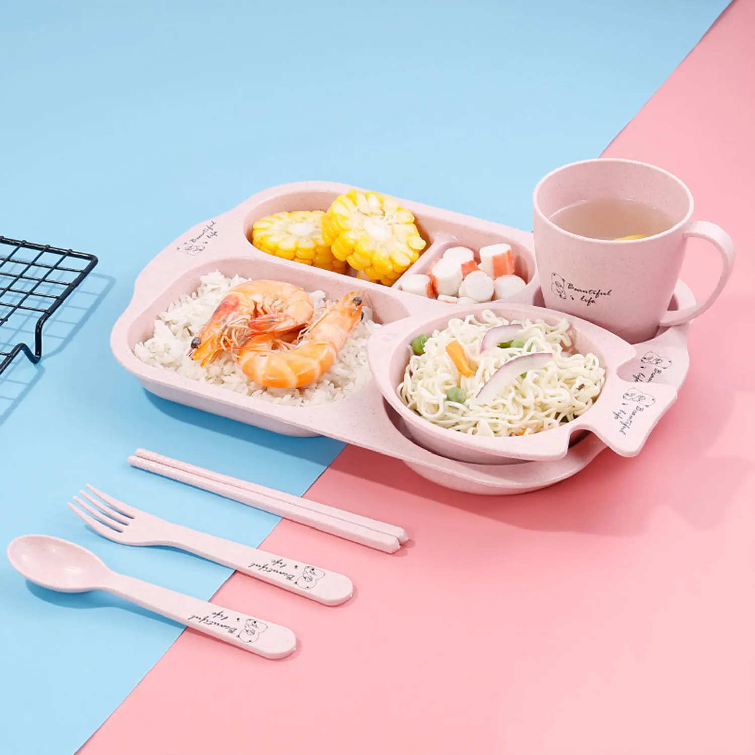 6Pcs/ Set Children's Tableware Set Cartoon Plate Wheat Straw Children's Tableware Anti-scald Training Food Bowl Spoon Fork image 4