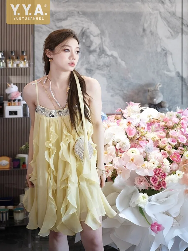 

French Style Ruffle Edge Vintage Sequins Strap Dresses Above Knee Length Loose Waist Square Collar A-Line Holidays Sweet Dress