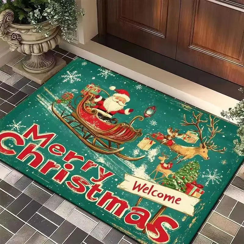 VIKAMA Merry Christmas Green Doormat Santa Sleigh Reindeer Snowflake Welcome Door Mat for Front Door Holiday Winter Home Decor