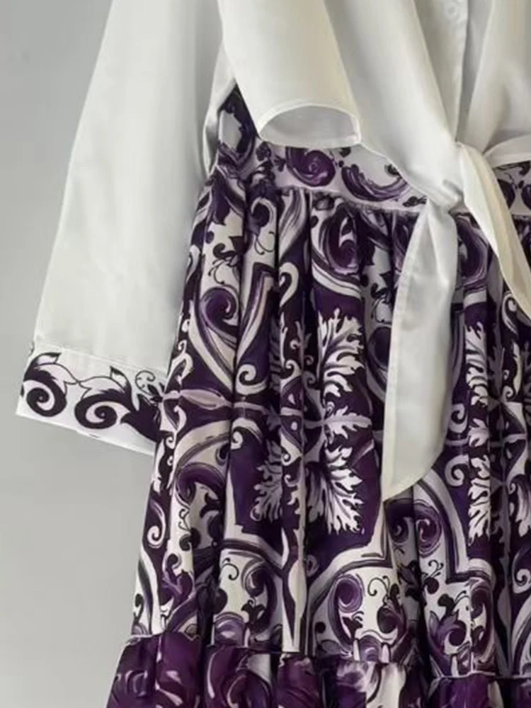 패션 봄 여성 신상 투피스 라펠 긴팔 밑단 레이스업 허리 셔츠+하이웨이스트 A라인 빅 스커트 여성 정장