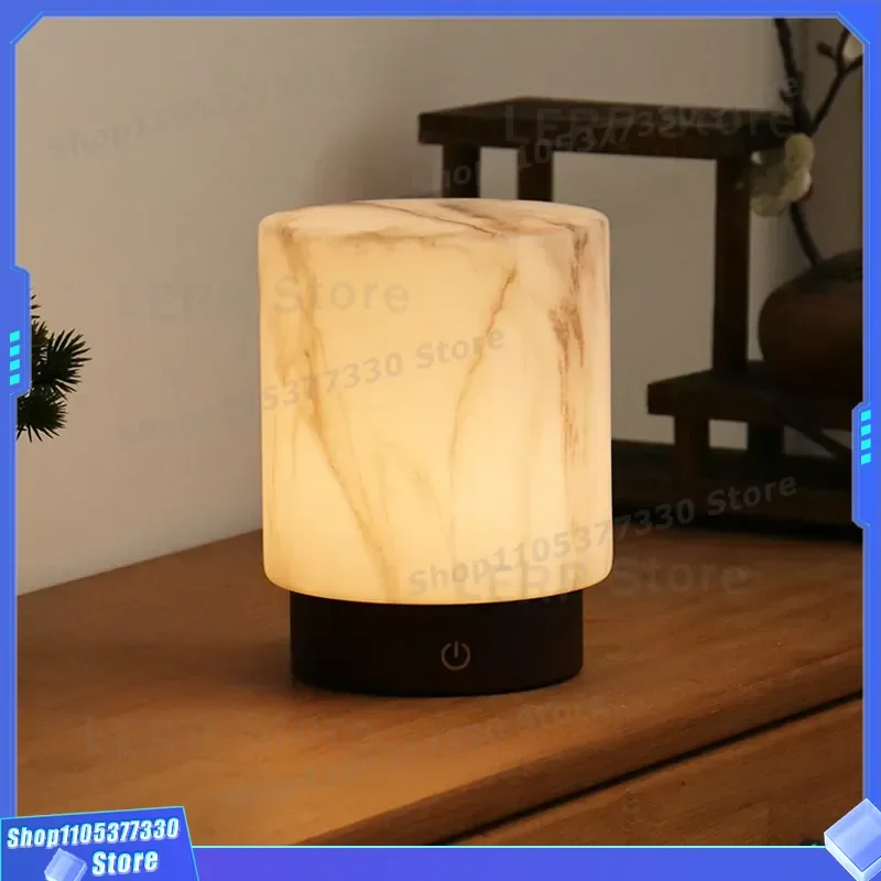 Song Dynasty Style Desk Lamp Imitation Marble Glass Bedside Light for Bedroom Living Room Tea Room Charging Atmosphere Night