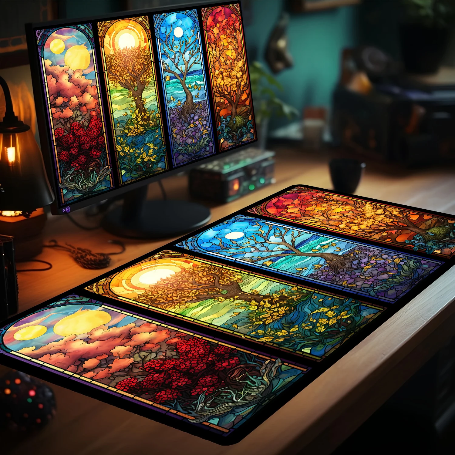 Gekleurd glas stijl landschap thema magische speelmat pc accessoires bureaumat Gaming Mat MTG Speelmat geschikt voor spelbijeenkomst