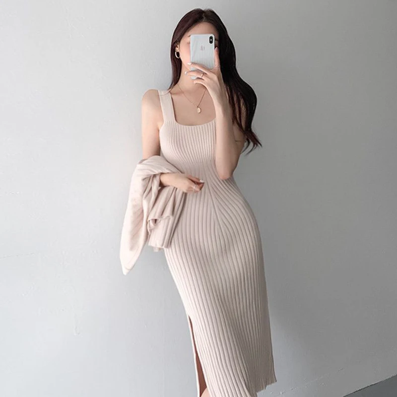 

Korean Fashion Women Suit Autumn Winter Casual Sweater Coat Cardigan + Slim Split Knitted Vest Midi Dress Two Piece Set Clothes