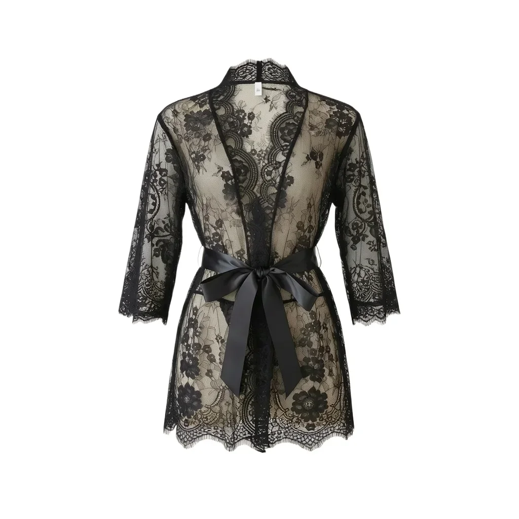 Sexy Mesh Robe for Women Solid Color Lace Patchwork Mesh See-through Sleeping Gown Sexy Lace Up Women's Home Clothes New