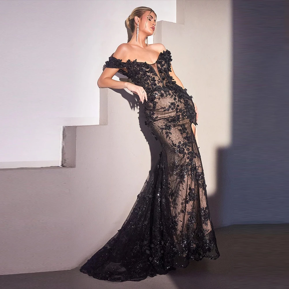 Elegant Lace Evening Dress For Woman Off Shoulder Sweep Train Applique Floor Length Gorgeous Wedding Party Gown 2023 Gala Fiesta