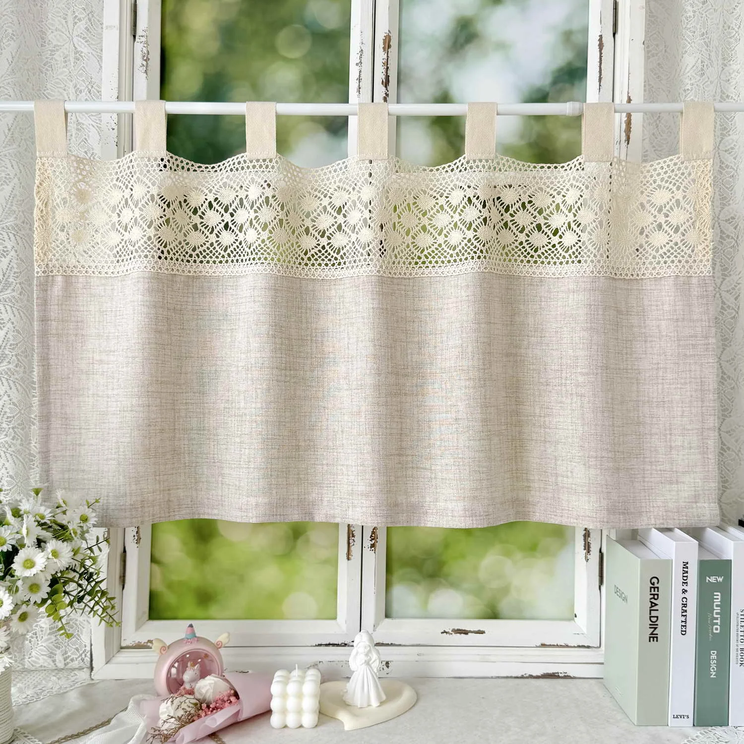 Rustic Hollow Cotton Crochet Small Curtains, American Country Kitchen Curtains Faux Linen Textured Tab Top Curtains for Doorway