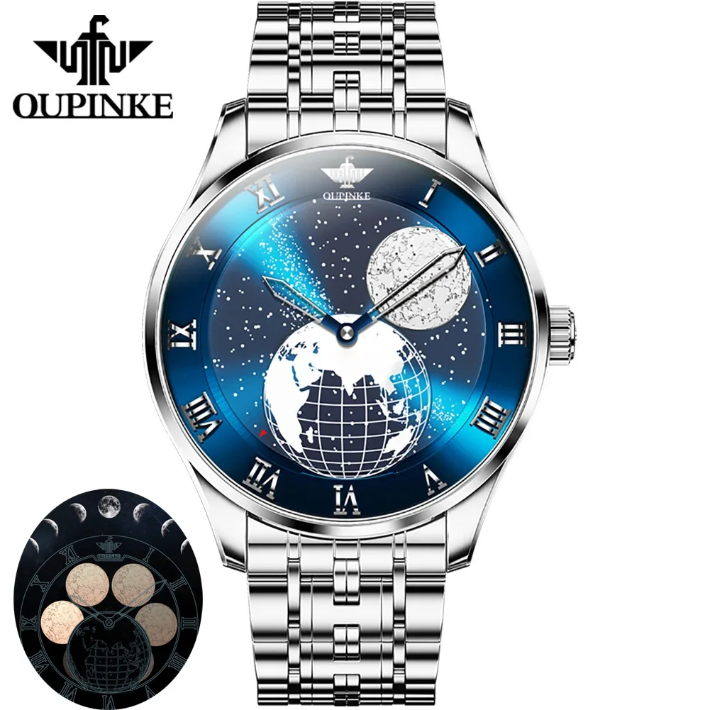 

OUPINKE 3230, автоматические часы с фазой Луны для мужчин, модные звездные небесно-голубые японские оригинальные механические мужские часы, роскошные мужские часы