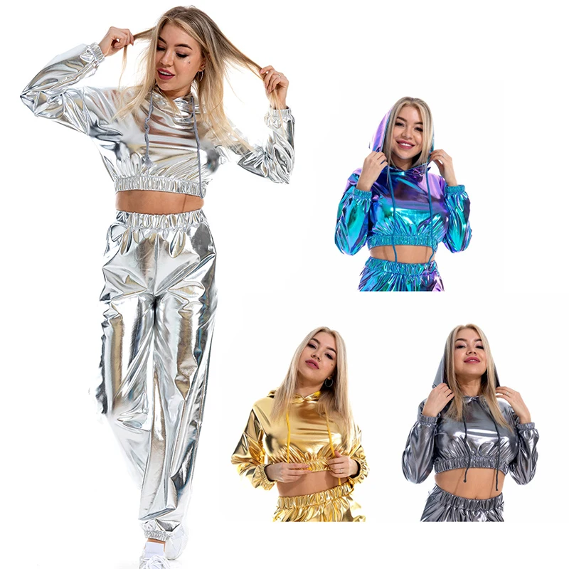 Sexy Cropped Holographic Hoodies Women Shiny PU Metallic Hoody Long Sleeve Sweatshirts Clubwear Pants Club Dancewear