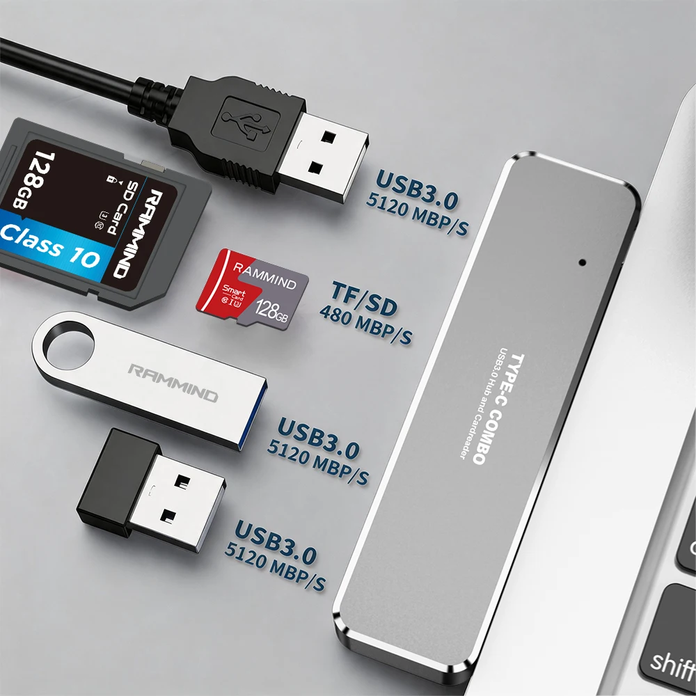 Type‑C Hub Docking Station, USB 3.0 USB 2.0 SD TF Card Reader Adapter for MacBook Pro Air Laptop Tablet Type‑C Devices