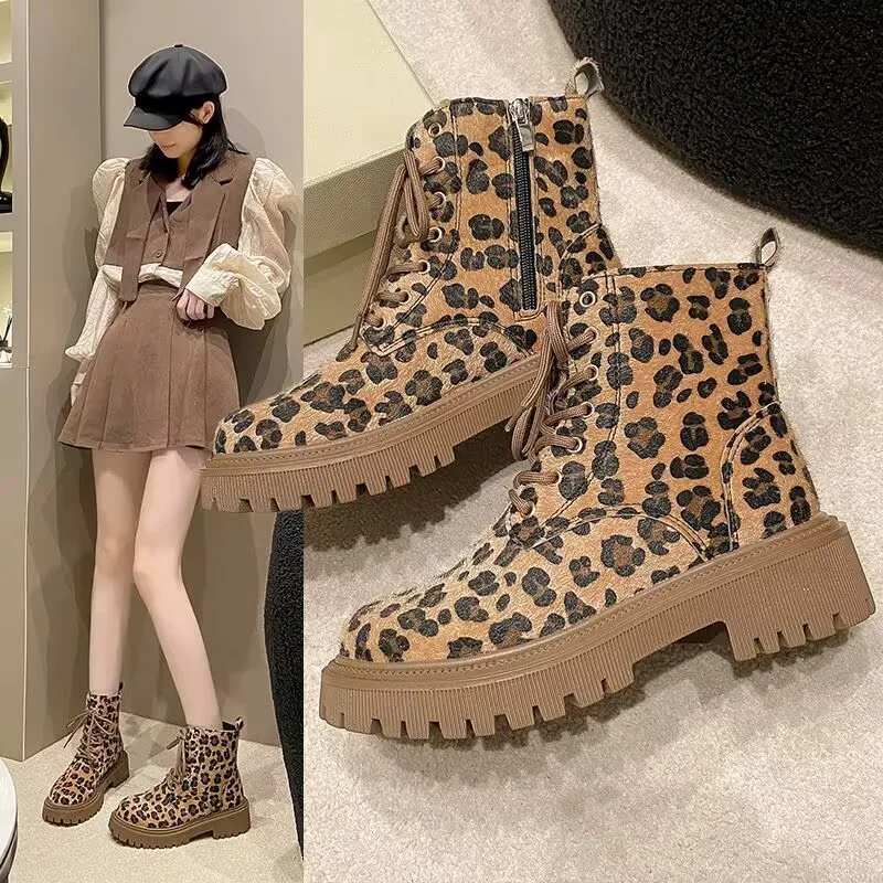 

Leopard Print Boots 2025 New Autumn Winter Women Thick Bottom Boots Fashion Girls Motorcycle Riding Boots Spring Student Shoes