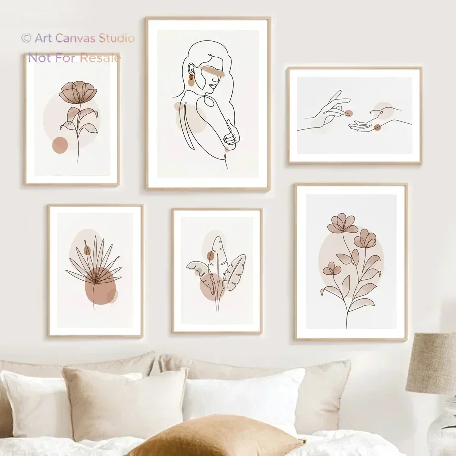 Boho Girl Drew a Leaf, the Hand Followed – Minimalist Line Art Frameless Canvas for Living Room Aesthetic Decor