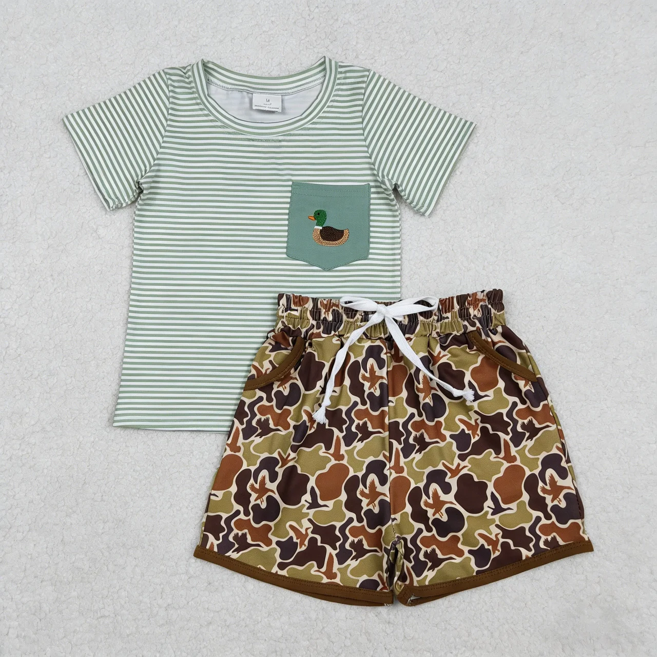Wholesale Baby Boy Stripes Short Sleeves Embroidery Duck Shirt Children Kids Set Pockets Camo Shorts Boys Toddler Outfit Clothes