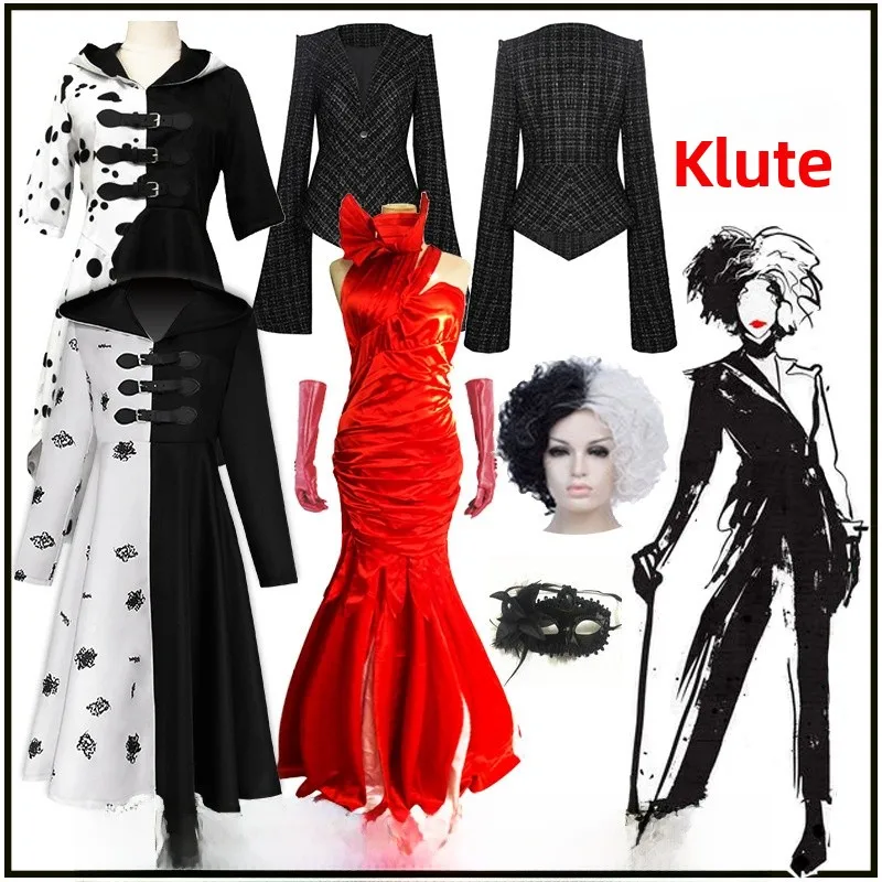 Cruella De Vil 0 dálmatas Cosplay ropa De mujer disfraz De escenario Ele Bla Dr con falda De punto blanco