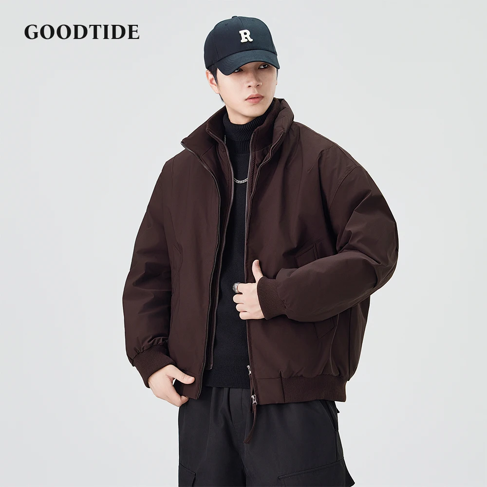 

Модная мужская повседневная куртка-бомбер на молнии, новинка зимы 2025 года, многослойный дизайн с воротником-стойкой, свободный крой, теплая мужская куртка-пуховик, топ