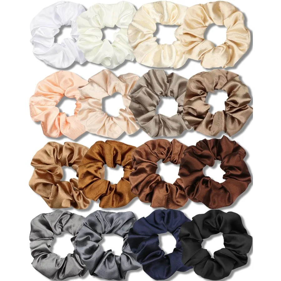 

Satin Scrunchies for Women Soft Than Silk for Hair Fashion Ties and Bands for Thin Thick Hair Styling 16 Pack Neutral Color Ide