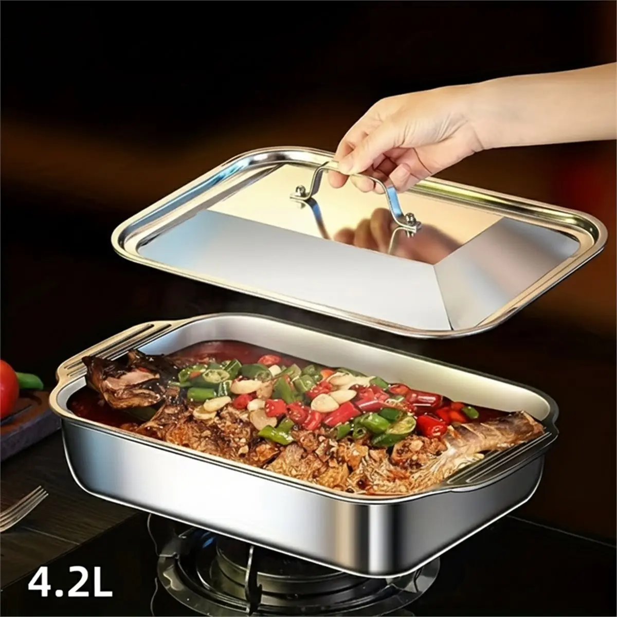 

2026 Новый прямоугольный глубокий поднос из нержавеющей стали с ручкой, устойчивый к ржавчине многоцелевой поднос для хранения продуктов для кухонных инструментов