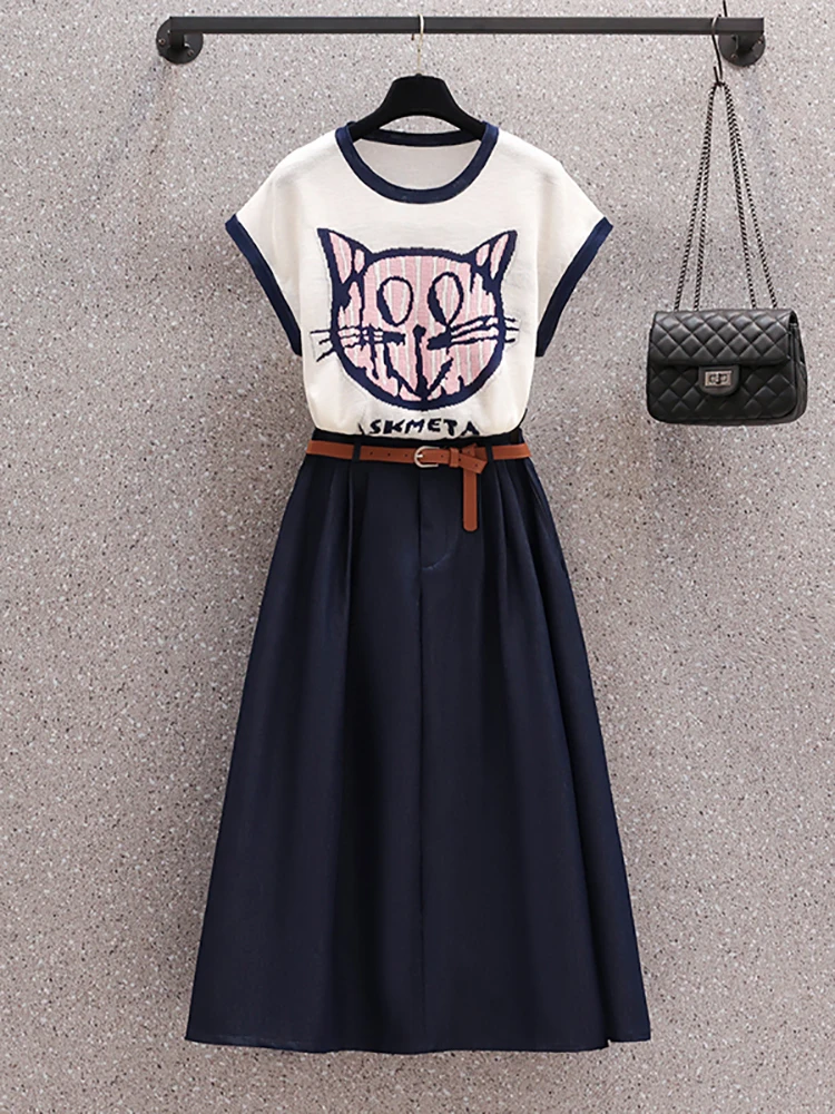 Summer White Knitted Cartoon Top Coats+Blue Denim Half Lenth Skirt Two Piece Sets 2024 Women Korean Elegant Bodycon Casual Suits