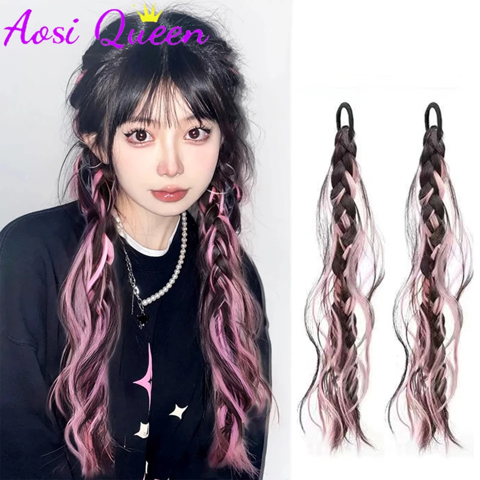 AOSI-peluca sintética Y2k colorida para mujer, cola de caballo rosa resaltada, pelo Artificial, trenzas dobles retorcidas, trenzas de boxeo, belleza desordenada