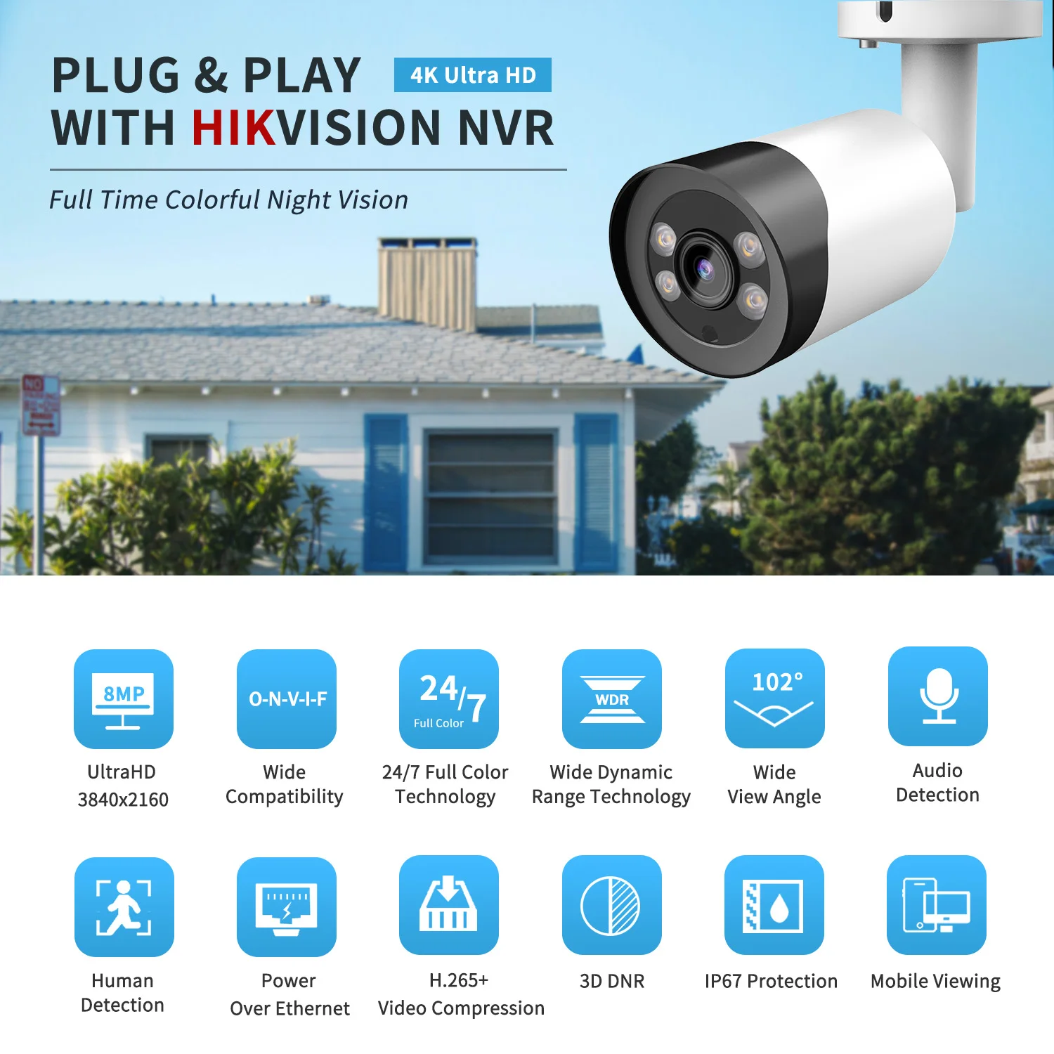 8PCS Kits 5MP Bullet Full Color IP Camerafor Hikvision Compatible Motion Detection with MIC Home CCTV POE Security Camera Onvif