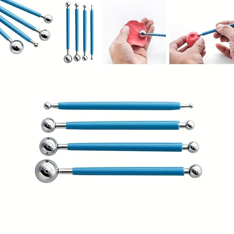 9pcs Pottery Tool Pieces Stylus Tools 2 Way Total 10 Different DIY Silicone Ceramic Clay Indentation Tool Metal Ball Tools Suppl