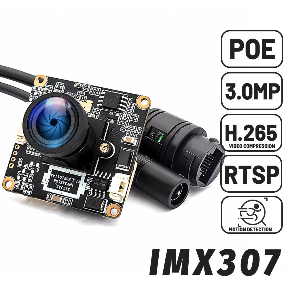 

WGWK IP Camera Board IMX307 3MP Ultra Low illumination With 1.8mm 122° No Distortion Onvif H.265 RTSP POE Security Webcam Module