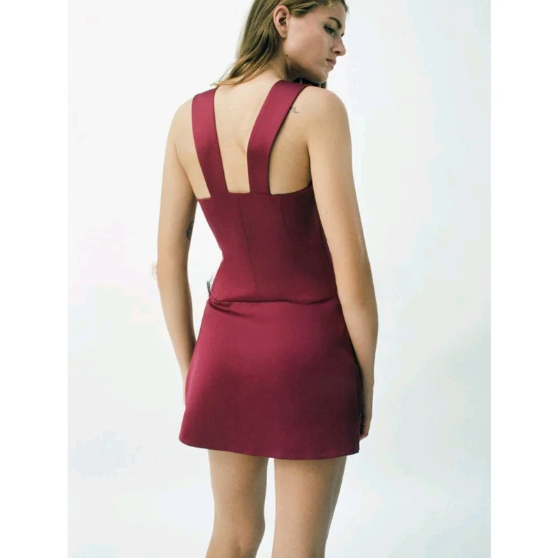 Fall New Women's V-ne Wide oulder Strap Pleated Waist Detail  Dr Retro Sle A-line Skirt Svel Slim Fit Dr