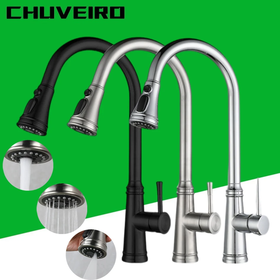 Kitchen Faucet Pull Out 304 Stainless Steel Black Sliver Hot and Cold Water Mixer Sink Tap 4 Functions Water Outlet Sprayer Head