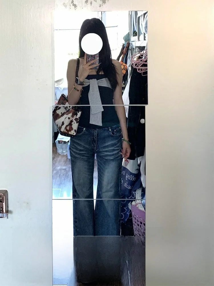 High Waist Blue Faded Waed Denim Jeans Women's Autumn Winter New Sle Pleated Slimming Straight Leg Long Pants