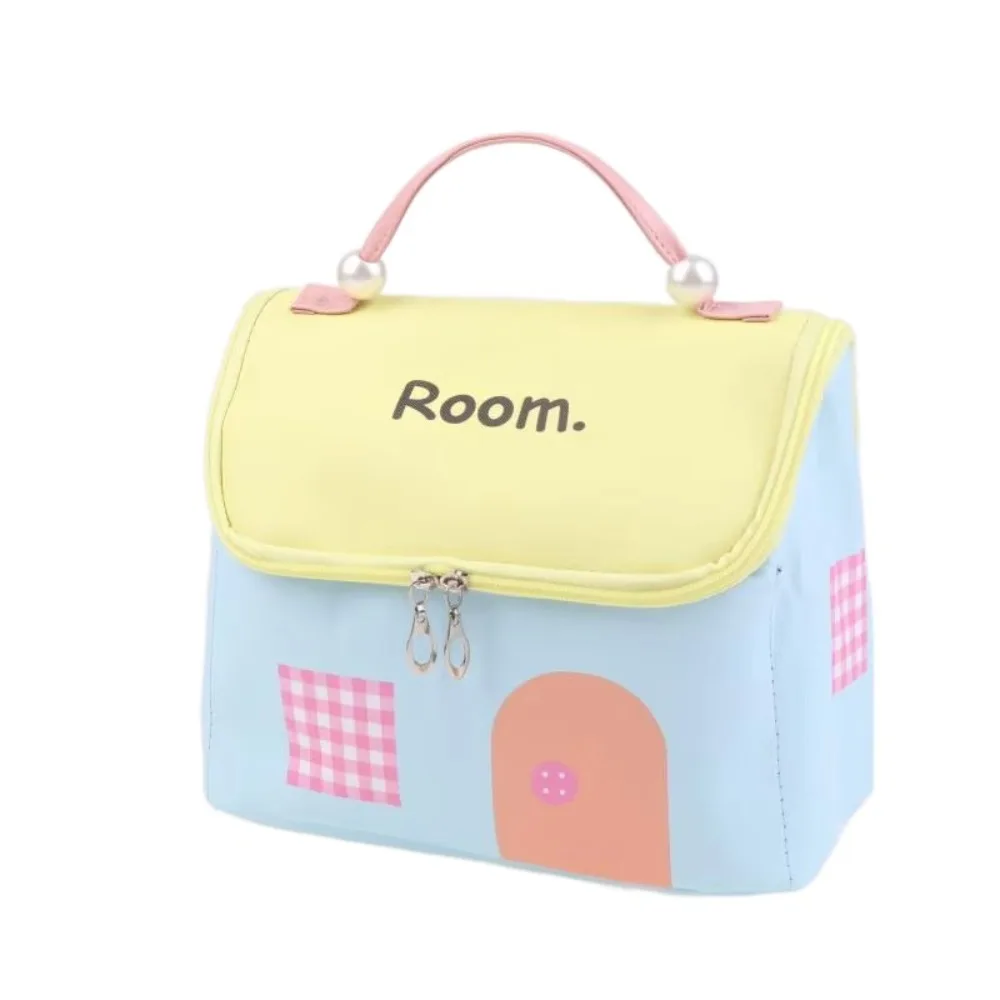 حقيبة مكياج على شكل منزل ذات سعة كبيرة من البوليستر بلون الدوبامين للسفر حقيبة يد للمكياج سهلة الحمل ومنظم أدوات الزينة اللطيف