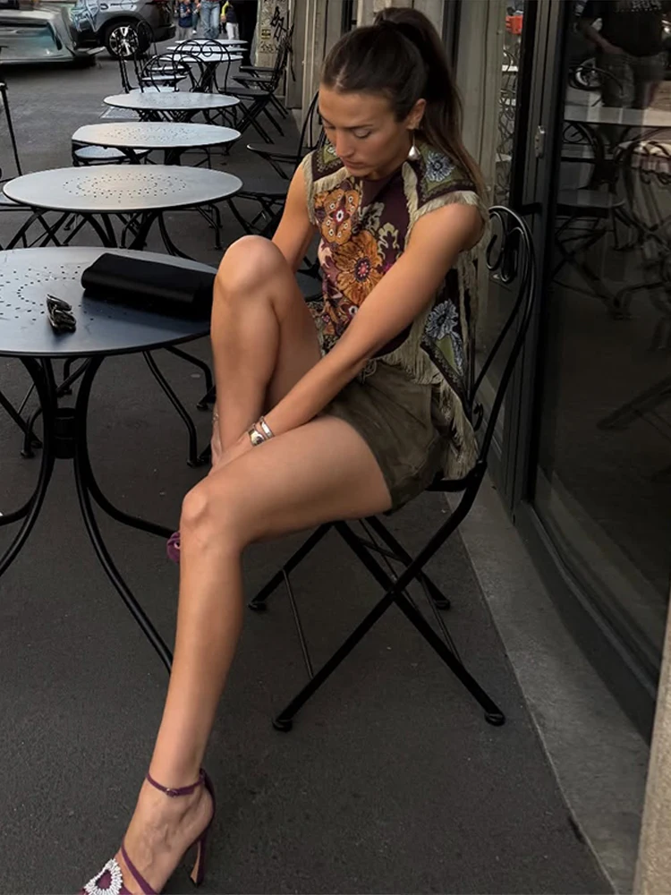Sexy Printed Women's Top Fringed Sleeveless O-Neck Irregular Split Lady Tops 2026 Summer Autumn Female Holiday Tanks New