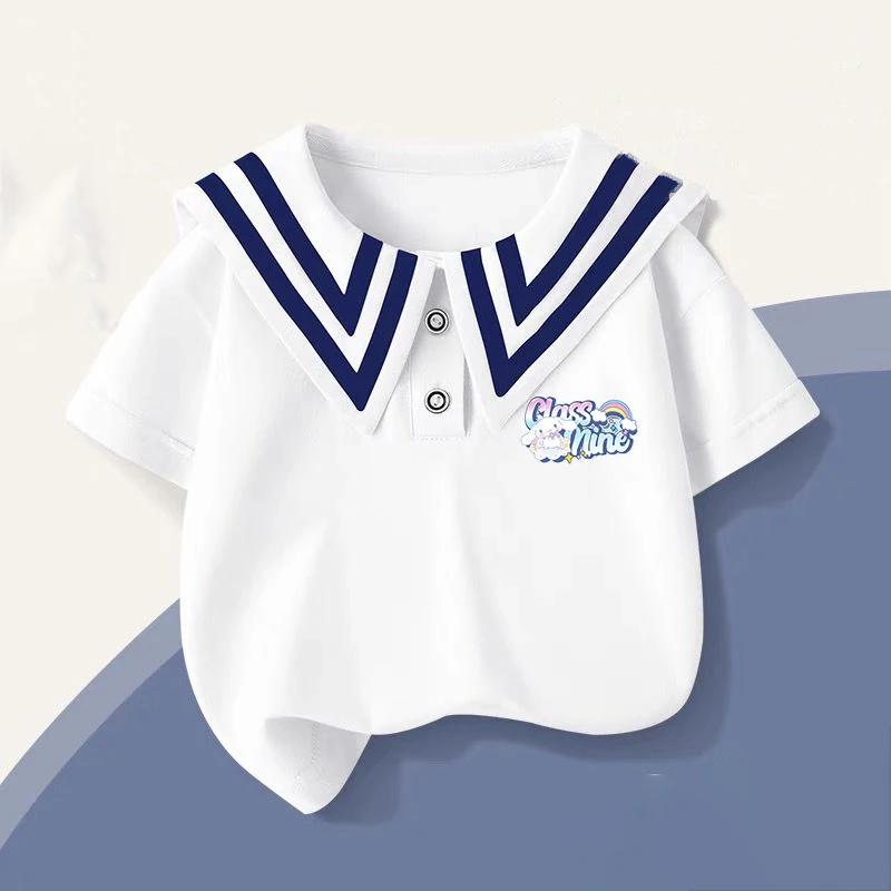 

Sanrio Kawaii Kuromi Child Short Sleeves Pure Cotton Navy Collar Student Preppy Style Summer Anime Figure Cartoon Cute Versatile