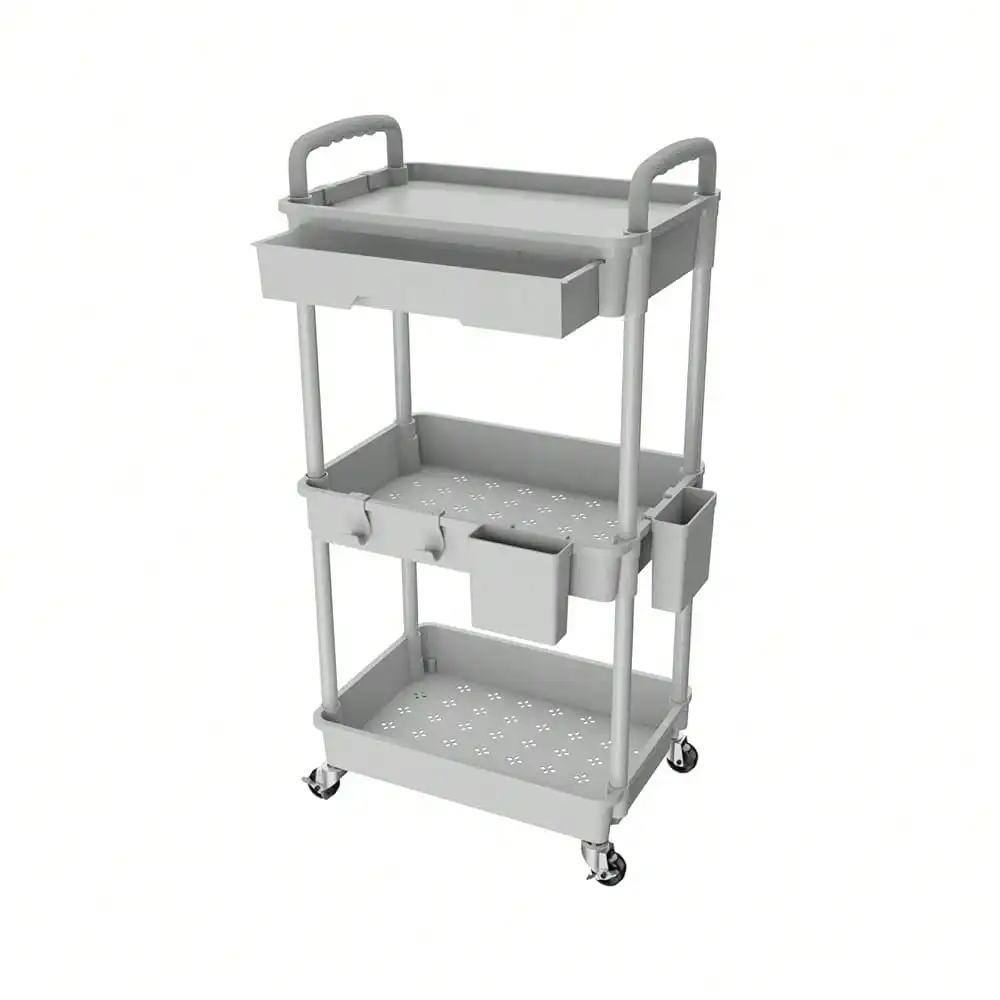3 Tier Rolling Utility Cart With Drawer, Utility Cart Made Of Multifunctional Storage Organizer Tool For Kitchen,Bathroom,Living Room,Office(Gray)