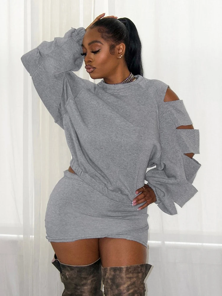 Women's Autumn Winter Two Piece Set 2025 Hollow Out Holes Long Sleeve Pullover Tops And Bandage Skirt Suit Casual Streetwear Set