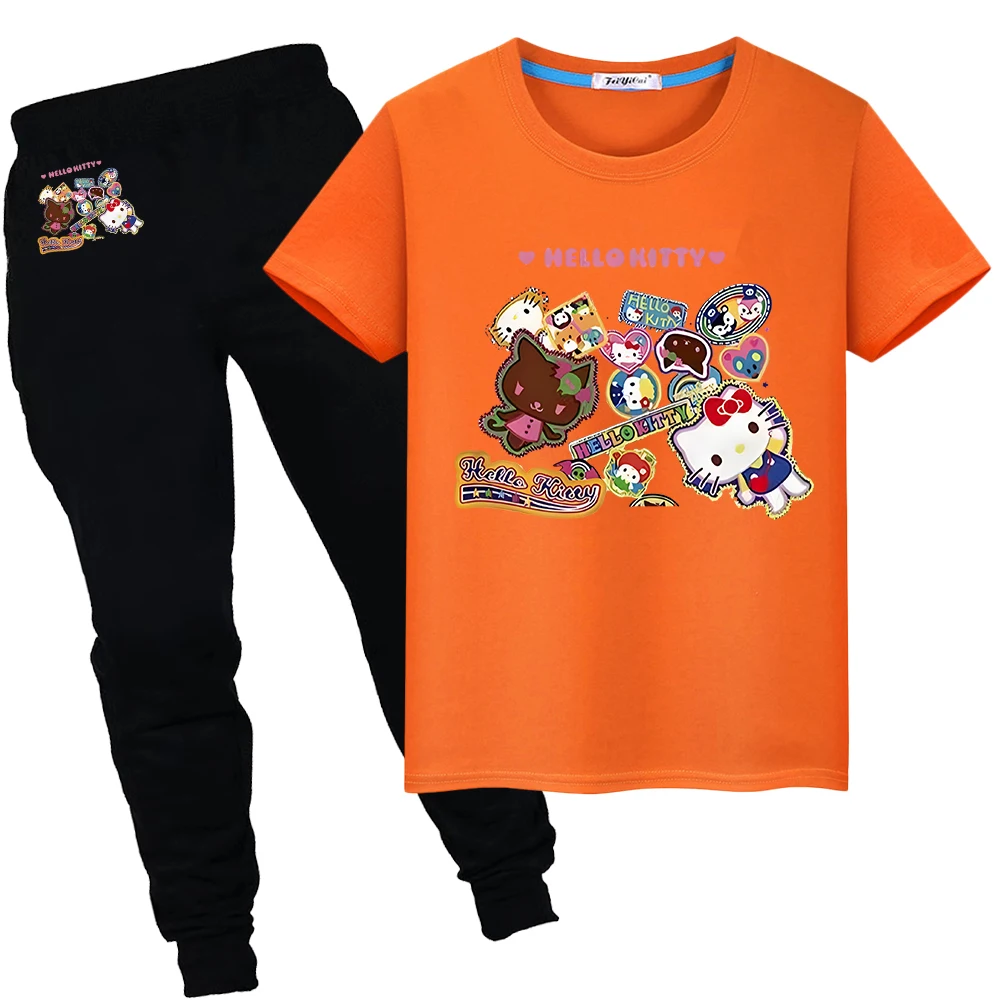 hello kitty Print 100%Cotton Kawaii Cute T-shirt Summer Sports Sets anime Tshirts Short+pantkid holiday gift boys girls clothes image 5