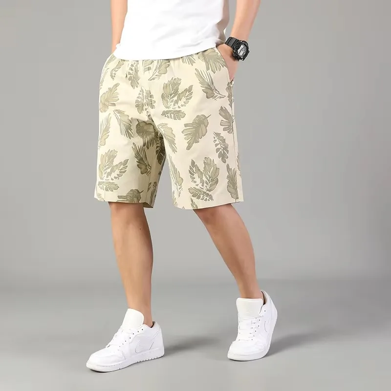 

Summer Hot Casual Pure Cotton Shorts Men Leaf Pattern Fashion Loose Short Pants Man Breathable Shorts Elastic Waist Men Clothing
