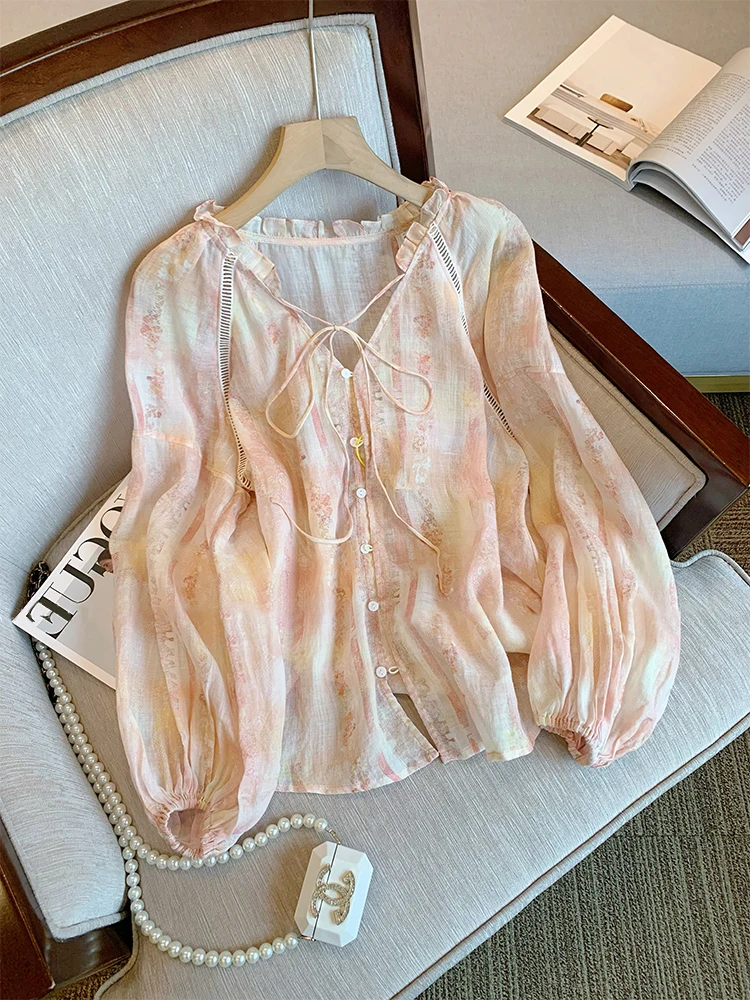 

Sweet Wind Pink Print Long Sve irt Мужской летний корейский модный персональный галстук-фонарь Sve Топ Дышащий кардиган V Ne